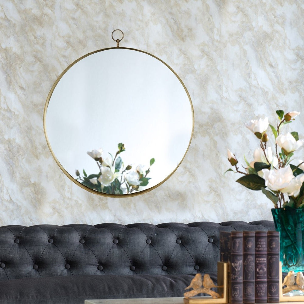 English Elm 24"x28" Gold Iron Round Mirror with Ring Handle for Entryway Bedroom or Vanity Wall W2078126762