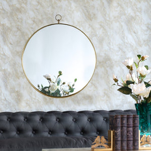 English Elm 24"x28" Gold Iron Round Mirror with Ring Handle for Entryway Bedroom or Vanity Wall W2078126762
