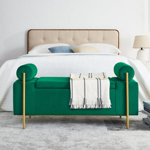 English Elm Elegant Linen Upholstered Storage Bench with Rolled Arms and Gold Iron Legs Green W487128012
