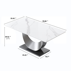 English Elm 70.87" Modern Crescent-Shaped Dining Table With White Stone Top & Black Stainless Steel Legs, Seats 6-8 W1535S00267