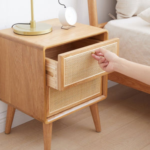 English Elm Pure Solid Red Oak Nightstand with Rattan Drawer and Raised Legs for Bedroom W1283121839