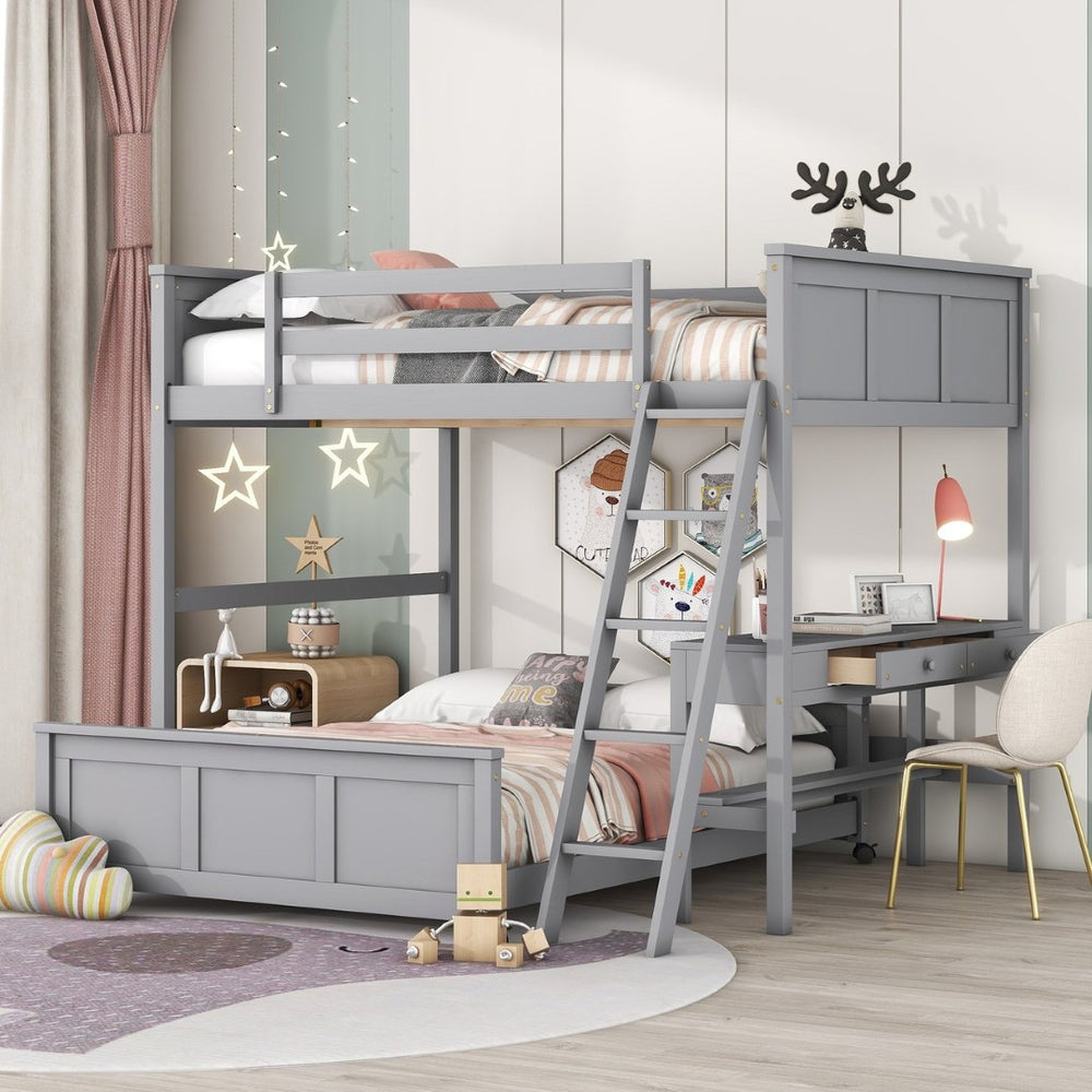 English Elm Full Over Kids Bunk Bed with Built in Study Desk and Two Storage Drawers Gray LT001006AAE-1