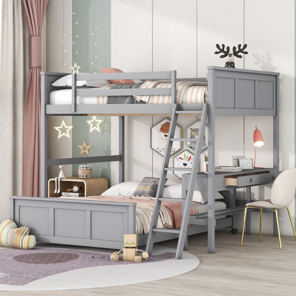 English Elm Full Over Kids Bunk Bed with Built in Study Desk and Two Storage Drawers Gray LT001006AAE-1