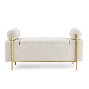 English Elm Elegant Linen Upholstered Storage Bench with Rolled Arms and Gold Iron Legs Beige W487128011
