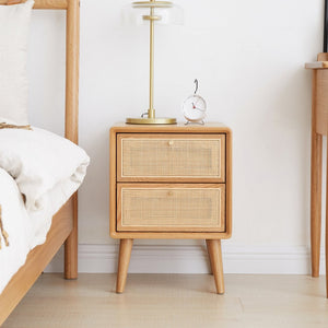 English Elm Pure Solid Red Oak Nightstand with Rattan Drawer and Raised Legs for Bedroom W1283121839
