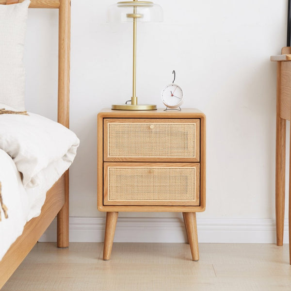English Elm Pure Solid Red Oak Nightstand with Rattan Drawer and Raised Legs for Bedroom W1283121839