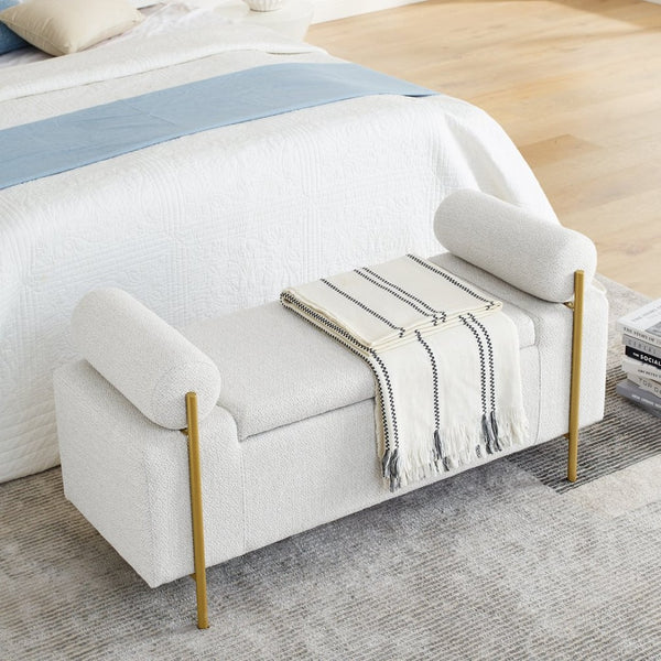 English Elm Elegant Linen Upholstered Storage Bench with Rolled Arms and Gold Iron Legs White W487128010