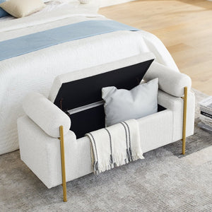 English Elm Elegant Linen Upholstered Storage Bench with Rolled Arms and Gold Iron Legs White W487128010