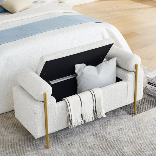 English Elm Elegant Linen Upholstered Storage Bench with Rolled Arms and Gold Iron Legs White W487128010