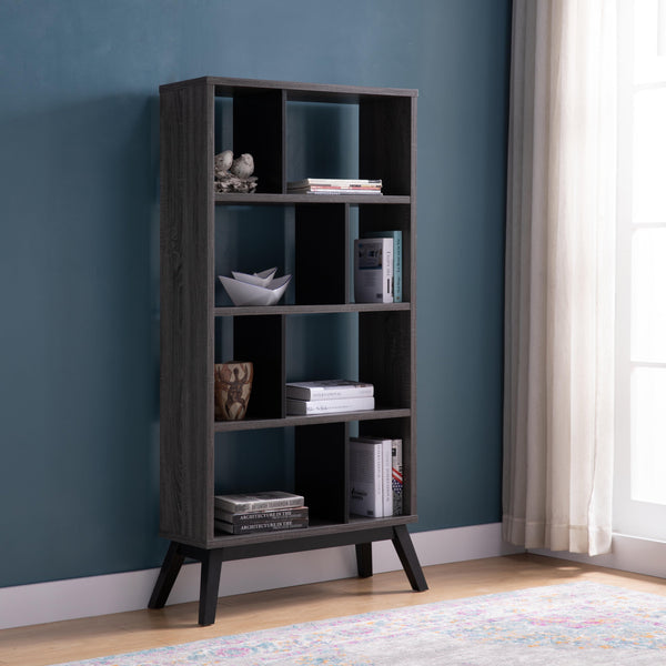 English Elm Mid-Century 4-Tier Bookcase Distressed Gray Wood Display Shelf with Dividers—Stylish Storage & Decor Organizer B107131295