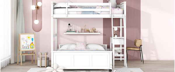 English Elm Twin Over Full Bunk Bed with Built-in Desk and Storage Drawers for Kids Rooms White LT001005AAK