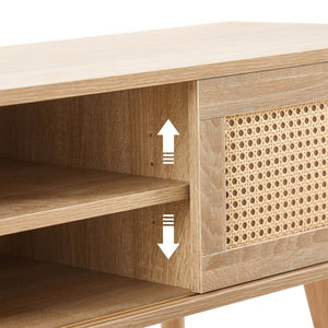 English Elm 55.12" Rattan Sliding Door Tv Console with Solid Wood Legs Natural Bohemian Storage W126573117