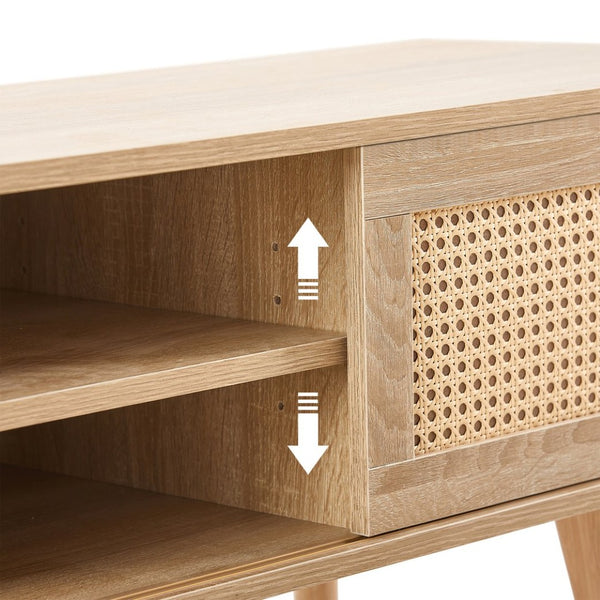 English Elm 55.12" Rattan Sliding Door Tv Console with Solid Wood Legs Natural Bohemian Storage W126573117