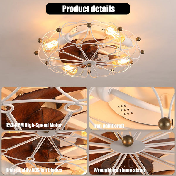English Elm Low Profile Caged Ceiling Fan Compact 20" 7-Blade Industrial Design with Light Kit & Remote, 6-Speed Reversible White W1340120488