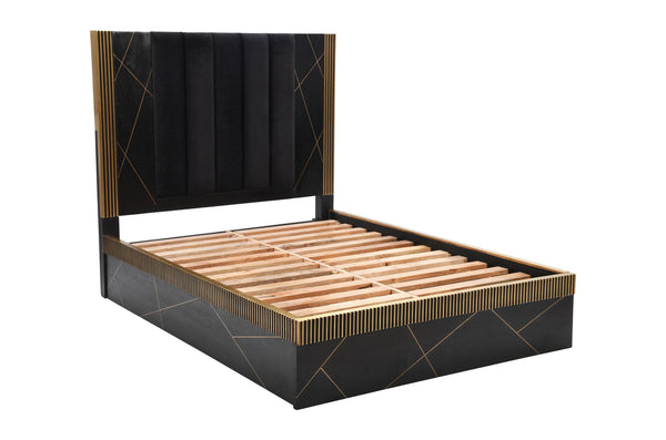 English Elm Modern Queen Bed In Solid Mango Wood With Artisan Brass Accents - Elegant Black Finish, Durable Design B009S01017