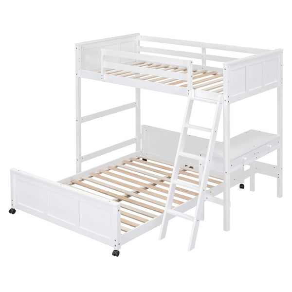 English Elm Twin Over Full Bunk Bed with Built-in Desk and Storage Drawers for Kids Rooms White LT001005AAK