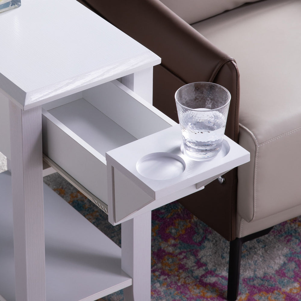 English Elm White Modern Chairside Table with Extendable Drawer & Dual Cup Holders, Bottom Shelf Accent Piece B107131291