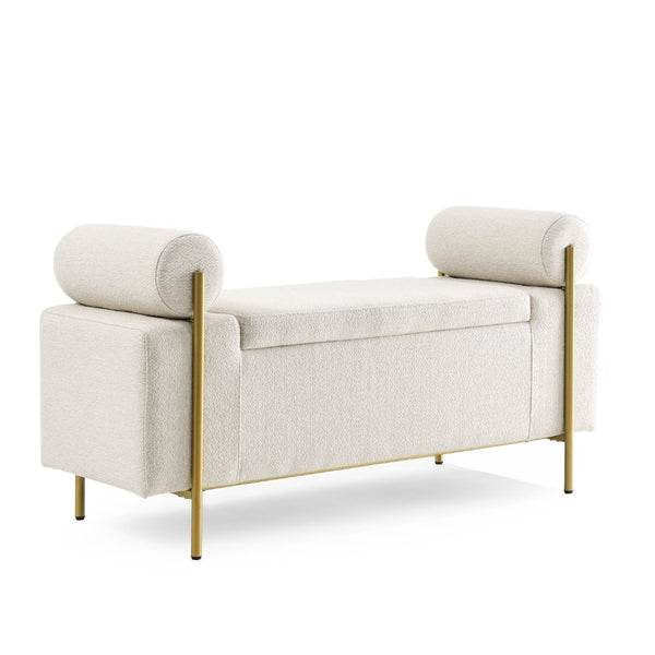 English Elm Elegant Linen Upholstered Storage Bench with Rolled Arms and Gold Iron Legs Beige W487128011