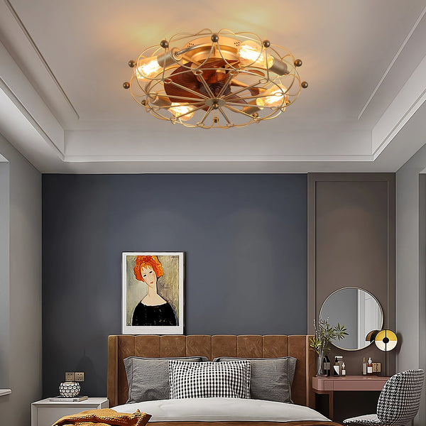 English Elm Low Profile Caged Ceiling Fan Compact 20" 7-Blade Industrial Design with Light Kit & Remote, 6-Speed Reversible Gold W1340120489