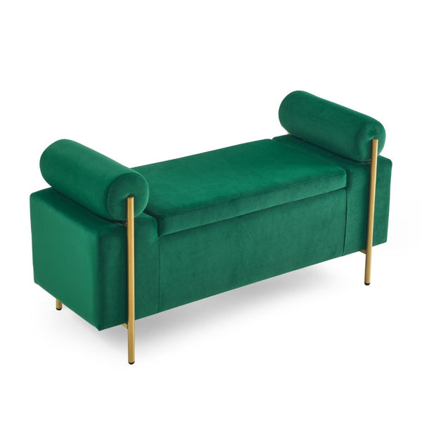 English Elm Elegant Linen Upholstered Storage Bench with Rolled Arms and Gold Iron Legs Green W487128012