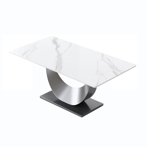 English Elm 70.87" Modern Crescent-Shaped Dining Table With White Stone Top & Black Stainless Steel Legs, Seats 6-8 W1535S00267