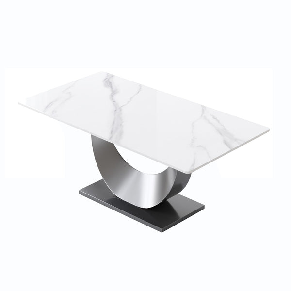 English Elm 70.87" Sintered Stone Dining Table Crescent Steel Base Seats 8 Modern White Top W1535S00620