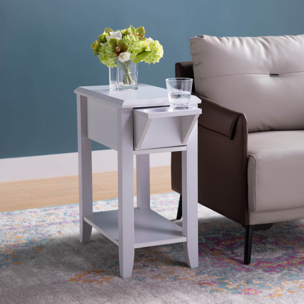 English Elm White Modern Chairside Table with Extendable Drawer & Dual Cup Holders, Bottom Shelf Accent Piece B107131291