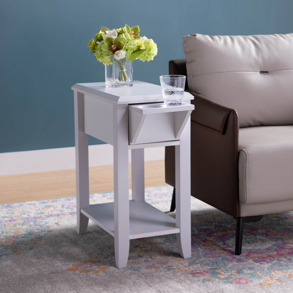 English Elm White Modern Chairside Table with Extendable Drawer & Dual Cup Holders, Bottom Shelf Accent Piece B107131291