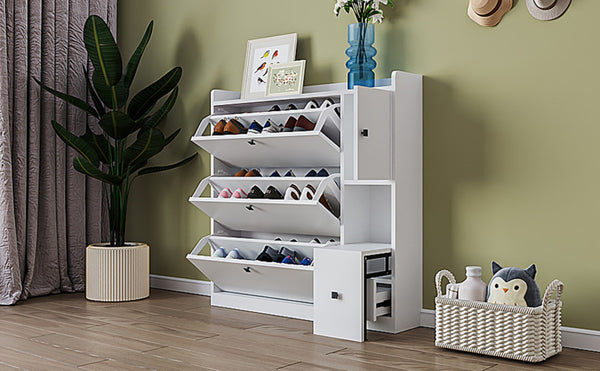 English Elm On-trend White Flip Drawer Shoe Cabinet with Fold Down Bench Seat for Entryway WF308545AAK