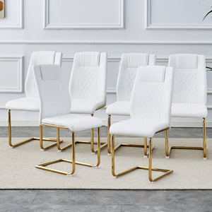 English Elm Modern cushioned dining chairs with gold arched metal legs, durable PU upholstery, comfy high-density foam seating for kitchen, office, and living spaces White W1151110421