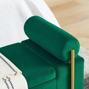 English Elm Elegant Linen Upholstered Storage Bench with Rolled Arms and Gold Iron Legs Green W487128012