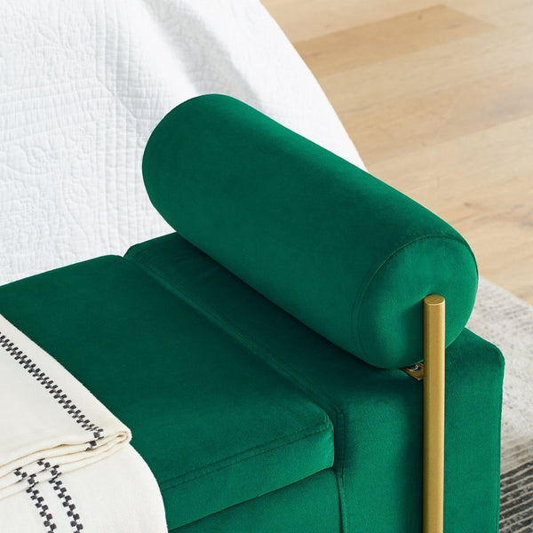 English Elm Elegant Linen Upholstered Storage Bench with Rolled Arms and Gold Iron Legs Green W487128012