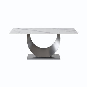 English Elm 70.87" Modern Crescent-Shaped Dining Table With White Stone Top & Black Stainless Steel Legs, Seats 6-8 W1535S00267