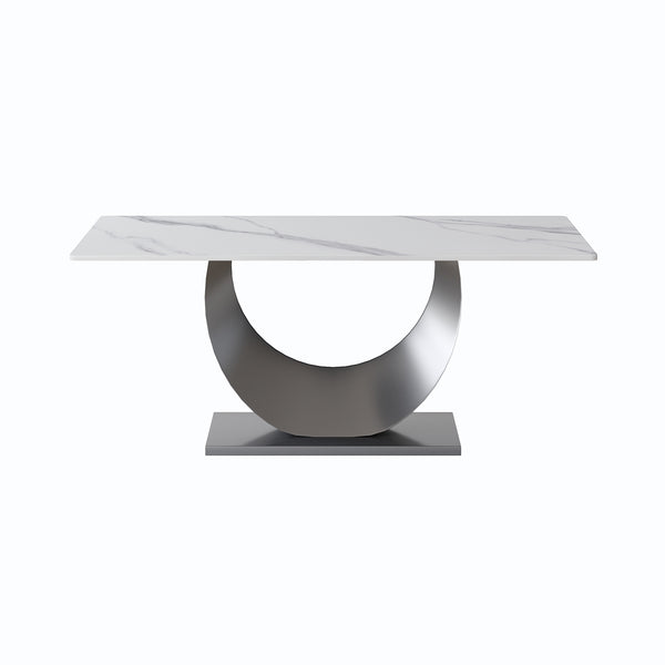 English Elm 70.87" Modern Crescent-Shaped Dining Table With White Stone Top & Black Stainless Steel Legs, Seats 6-8 W1535S00267
