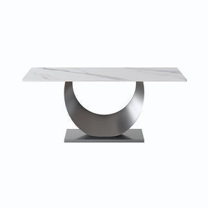 English Elm 70.87" Sintered Stone Dining Table Crescent Steel Base Seats 8 Modern White Top W1535S00620