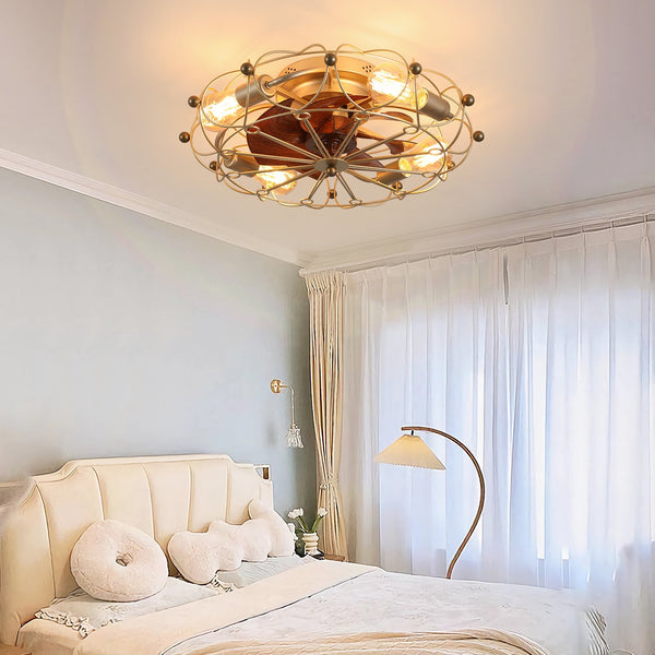 English Elm Low Profile Caged Ceiling Fan Compact 20" 7-Blade Industrial Design with Light Kit & Remote, 6-Speed Reversible Gold W1340120489