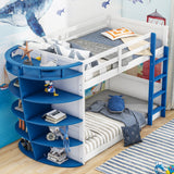 Hearth and Haven Hester Twin over Twin Boat-Like Shape Bunk Bed with Storage Shelves, White and Blue GX000348AAC