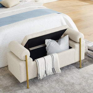 English Elm Elegant Linen Upholstered Storage Bench with Rolled Arms and Gold Iron Legs Beige W487128011