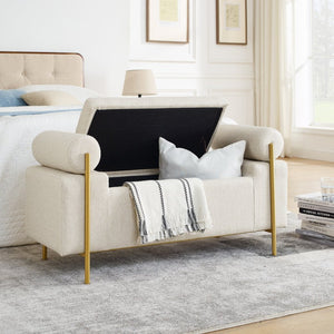 English Elm Elegant Linen Upholstered Storage Bench with Rolled Arms and Gold Iron Legs Beige W487128011