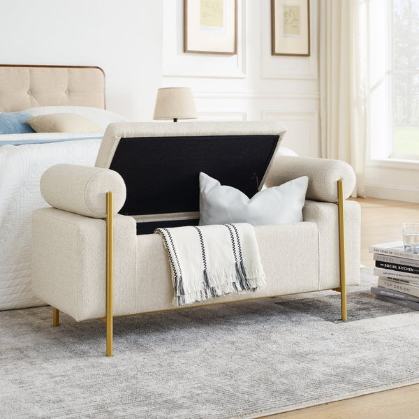 English Elm Elegant Linen Upholstered Storage Bench with Rolled Arms and Gold Iron Legs Beige W487128011