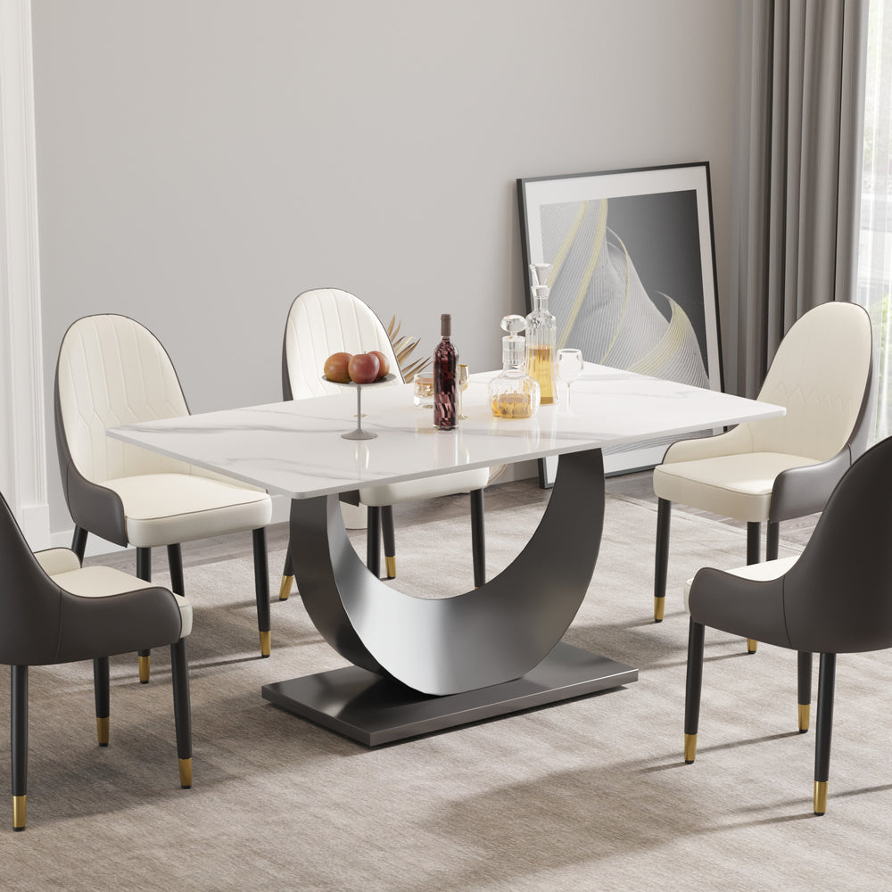 English Elm 63" Modern Crescent Sintered Stone Dining Table with Moon-Shaped Steel Legs, Seats 6-8 Comfortably White W1535S00268