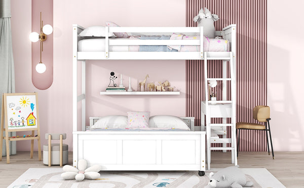 English Elm Twin Over Full Bunk Bed with Built-in Desk and Storage Drawers for Kids Rooms White LT001005AAK