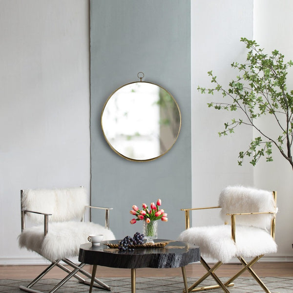 English Elm 30"x34" Gold Iron Round Wall Mirror Sculptural Ring Frame Glam Vanity Bedroom Accent W2078126763
