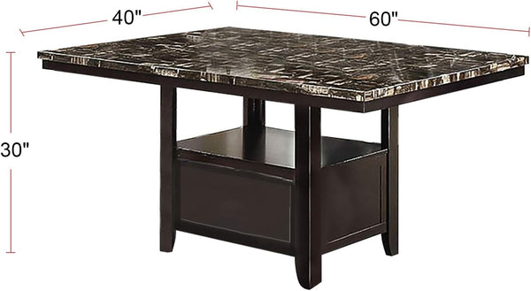 English Elm Dining Table with Faux Marble Top and Espresso Trim, 60" Rectangular Storage Base for Modern Eats Brown 43 L x 6 W x 63 H B011130014