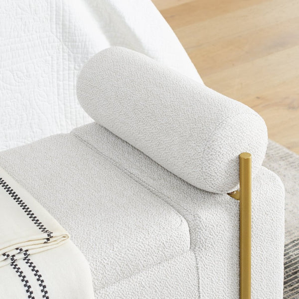 English Elm Elegant Linen Upholstered Storage Bench with Rolled Arms and Gold Iron Legs White W487128010