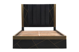 English Elm Modern Queen Bed In Solid Mango Wood With Artisan Brass Accents - Elegant Black Finish, Durable Design B009S01017