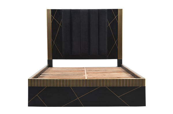 English Elm Modern Queen Bed In Solid Mango Wood With Artisan Brass Accents - Elegant Black Finish, Durable Design B009S01017