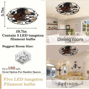 English Elm Low Profile Industrial Cage Ceiling Fan with Remote Seven Blades and Integrated Light W1340120487