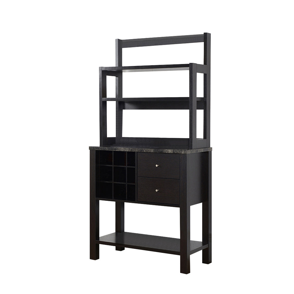 English Elm Marble/Wood Bakers Cabinet with Faux Marble Top, 3 Display Shelves, Wine Storage & 2 Drawers - Red Cocoa B107P222507