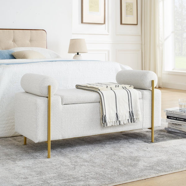 English Elm Elegant Linen Upholstered Storage Bench with Rolled Arms and Gold Iron Legs White W487128010